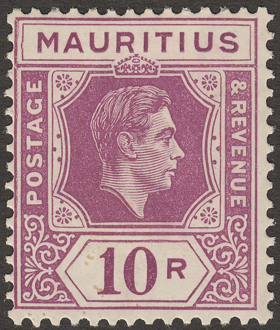 Mauritius 1938 KGVI 10r Reddish Purple variety Damage to Keyplate Mint SG263var