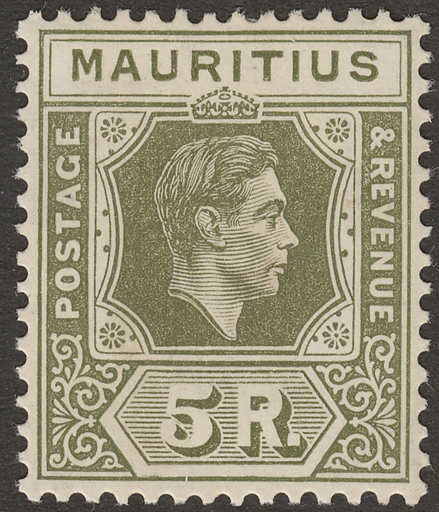 Mauritius 1938 KGVI 5r Olive-Green Variety Break in Bottom Frame Mint SG262 var