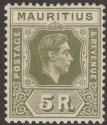 Click for more photos and details Mauritius 1938 KGVI 5r Olive-Green Variety Break in Bottom Frame Mint SG262 var