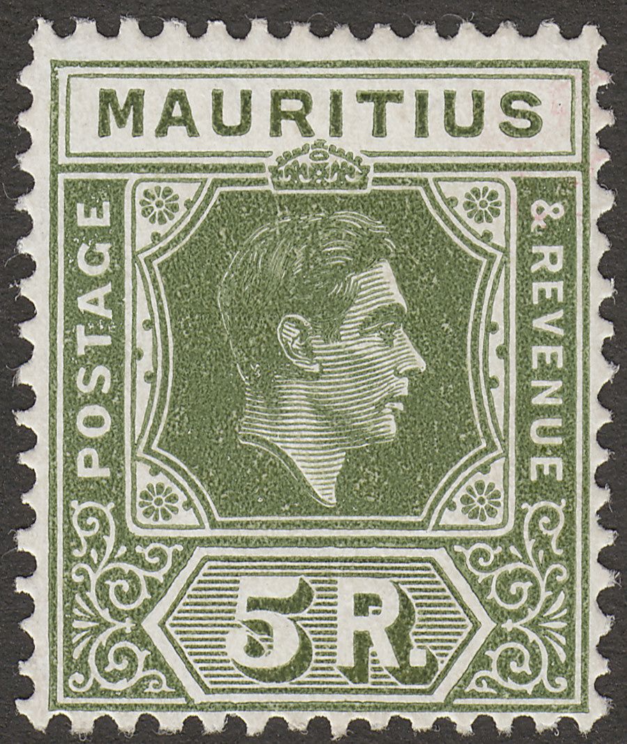 Mauritius 1943 KGVI 5r Sage-Green Ordinary Paper Mint SG262a