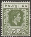 Click for more photos and details Mauritius 1943 KGVI 5r Sage-Green Ordinary Paper Mint SG262a