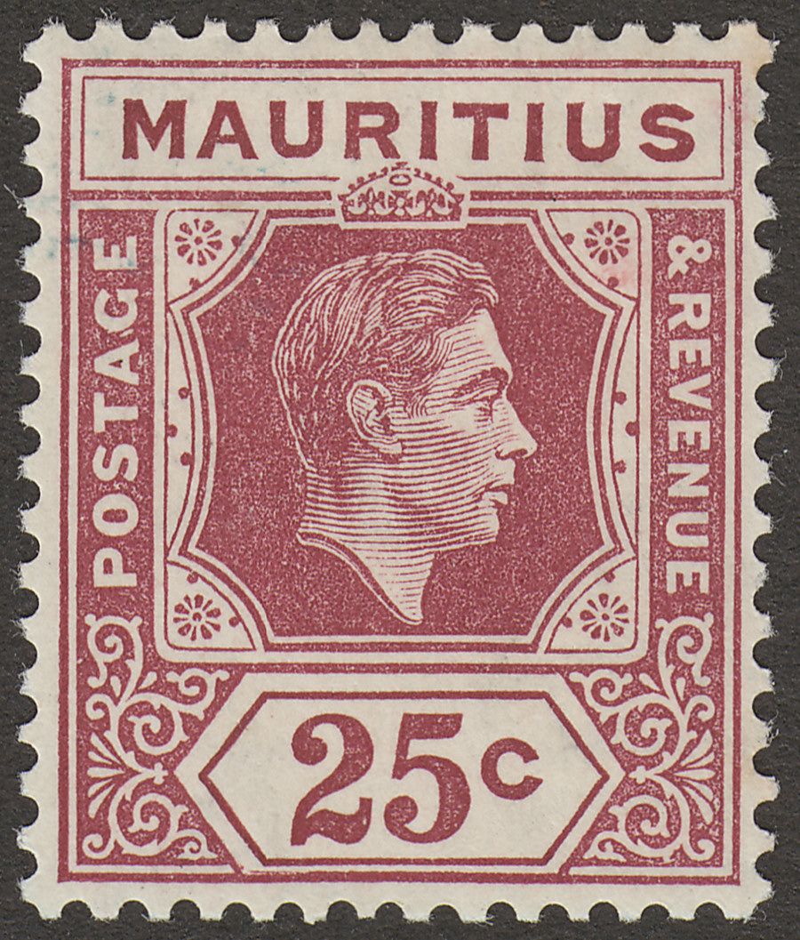 Mauritius 1938 KGVI 25c Brown-Purple Chalky Paper Mint SG259