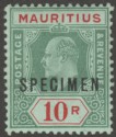 Click for more photos and details Mauritius 1910 KEVII 10r Green and Red on Green Specimen SG195s