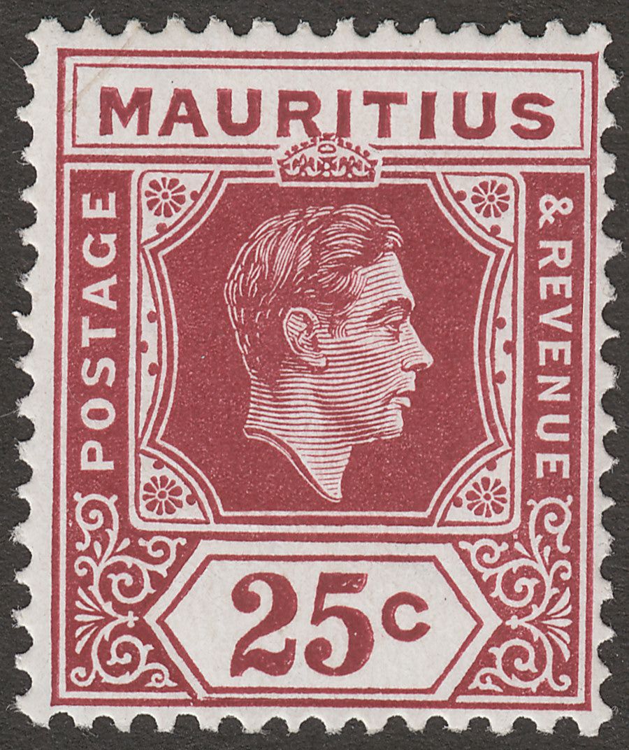 Mauritius 1947 KGVI 25c Lake-Maroon Chalky Paper Mint SG259