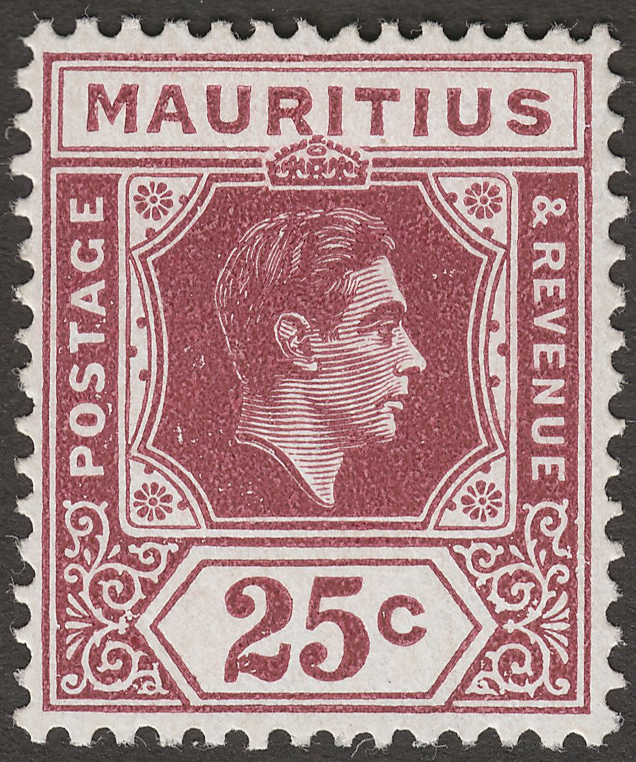 Mauritius 1943 KGVI 25c Brown-Purple Ordinary Paper Mint SG259b