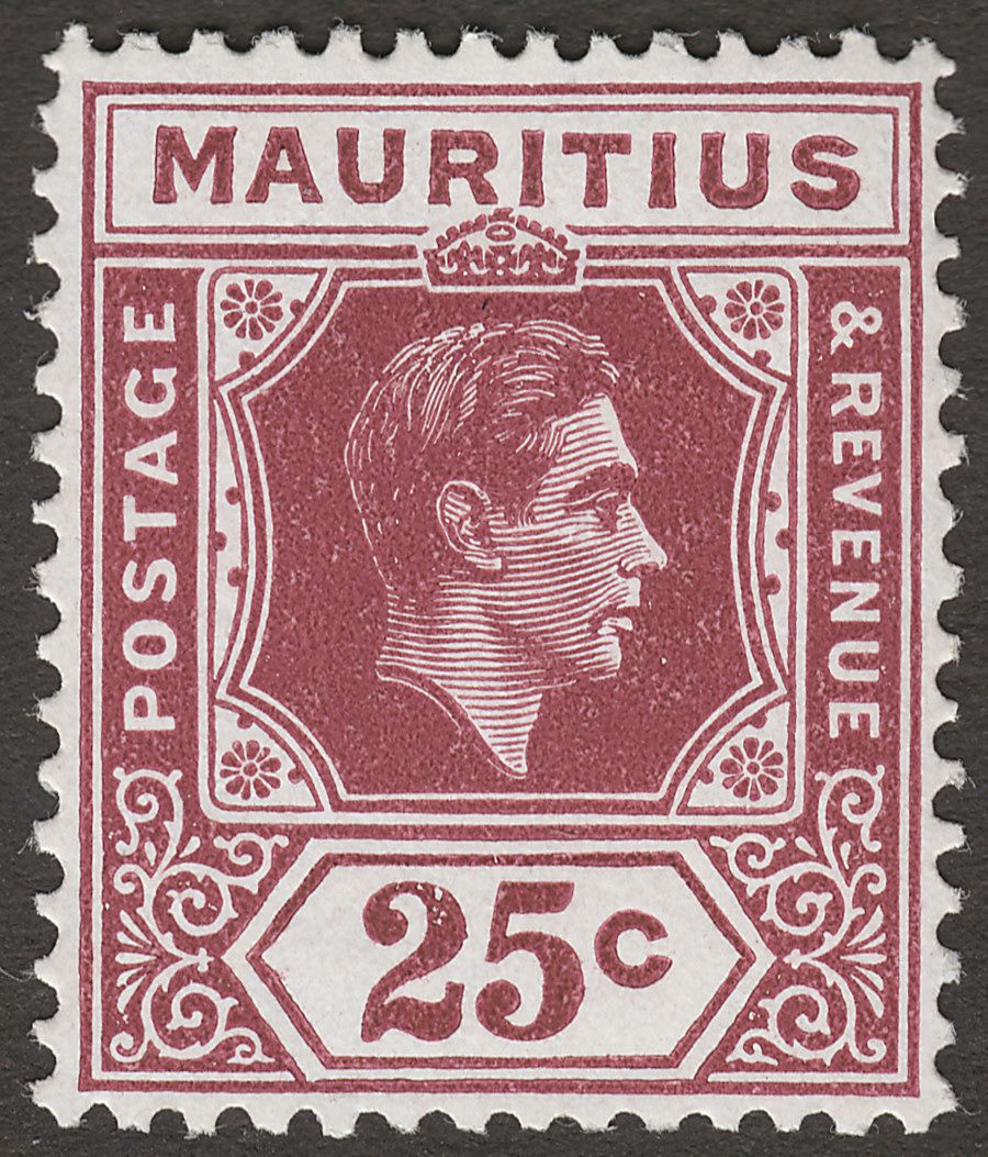 Mauritius 1943 KGVI 25c Brown-Purple Ordinary Paper Mint SG259b