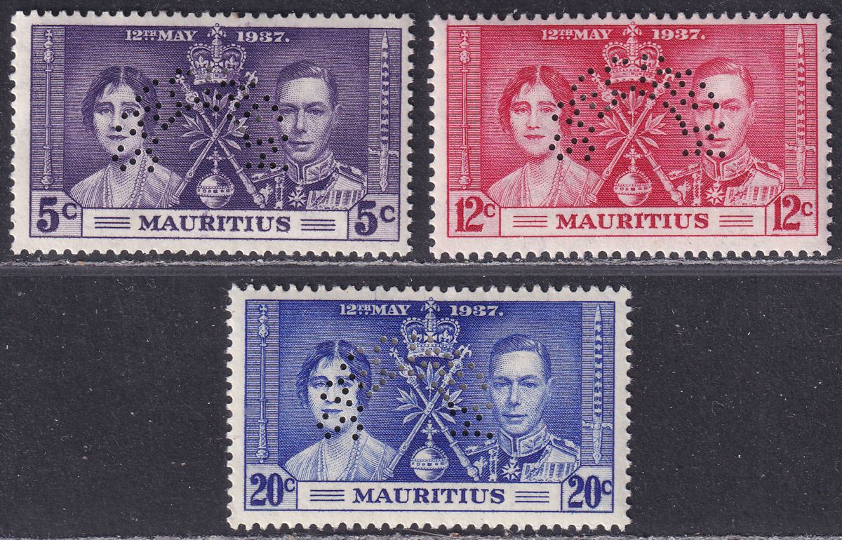 Mauritius 1937 KGVI SPECIMEN Perf Coronation Set Mint SG249s-251s cat £110