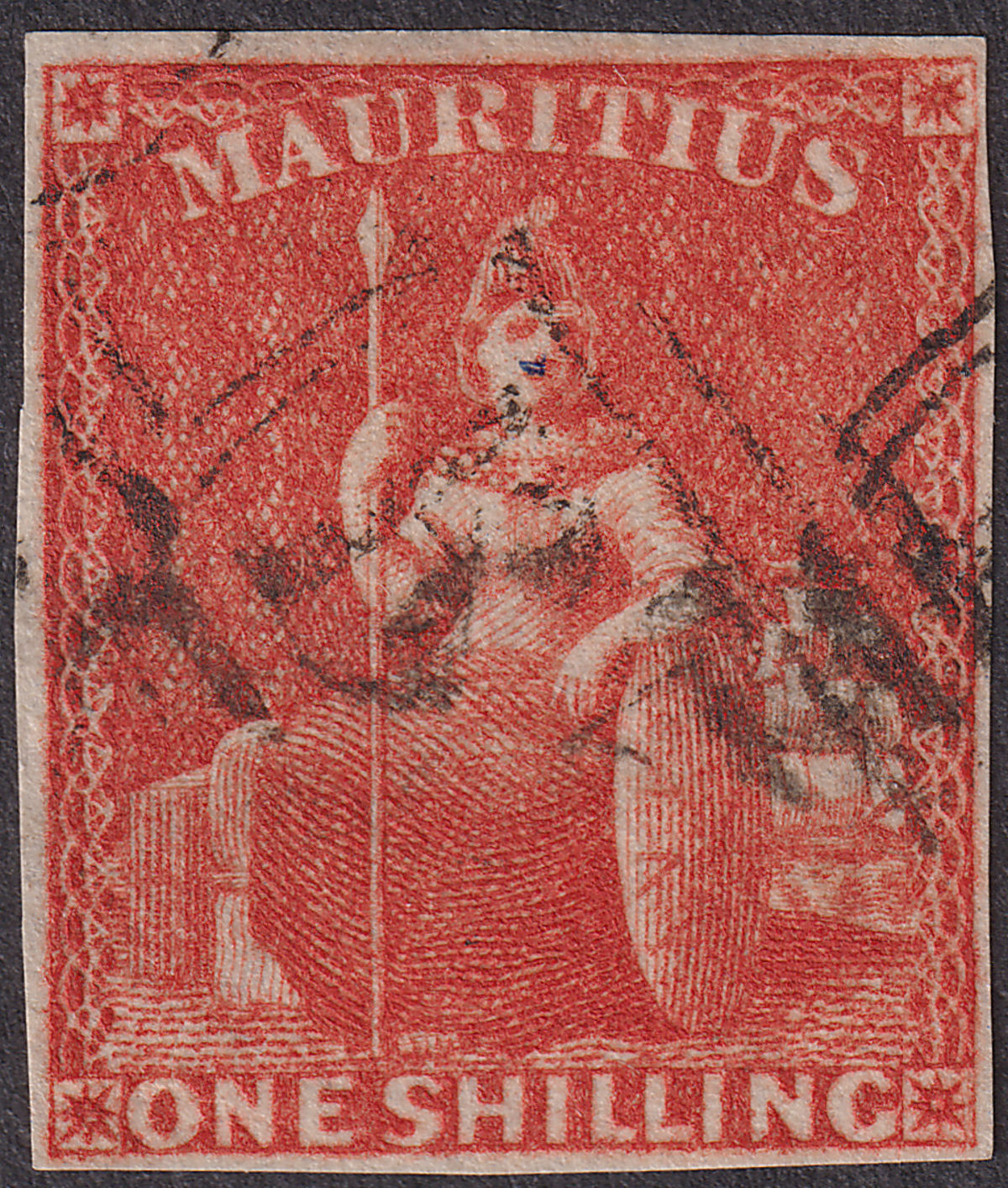 Mauritius 1859 QV Britannia 1sh Vermilion Imperf Used SG34 cat £85
