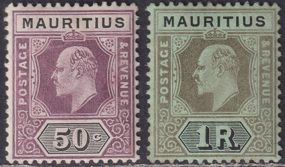 Mauritius 1910 KEVII 50c Dull Purp + Blk, 1r Blk on Green Mint SG191-192 cat £29