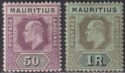 Mauritius 1910 KEVII 50c Dull Purp + Blk, 1r Blk on Green Mint SG191-192 cat £29