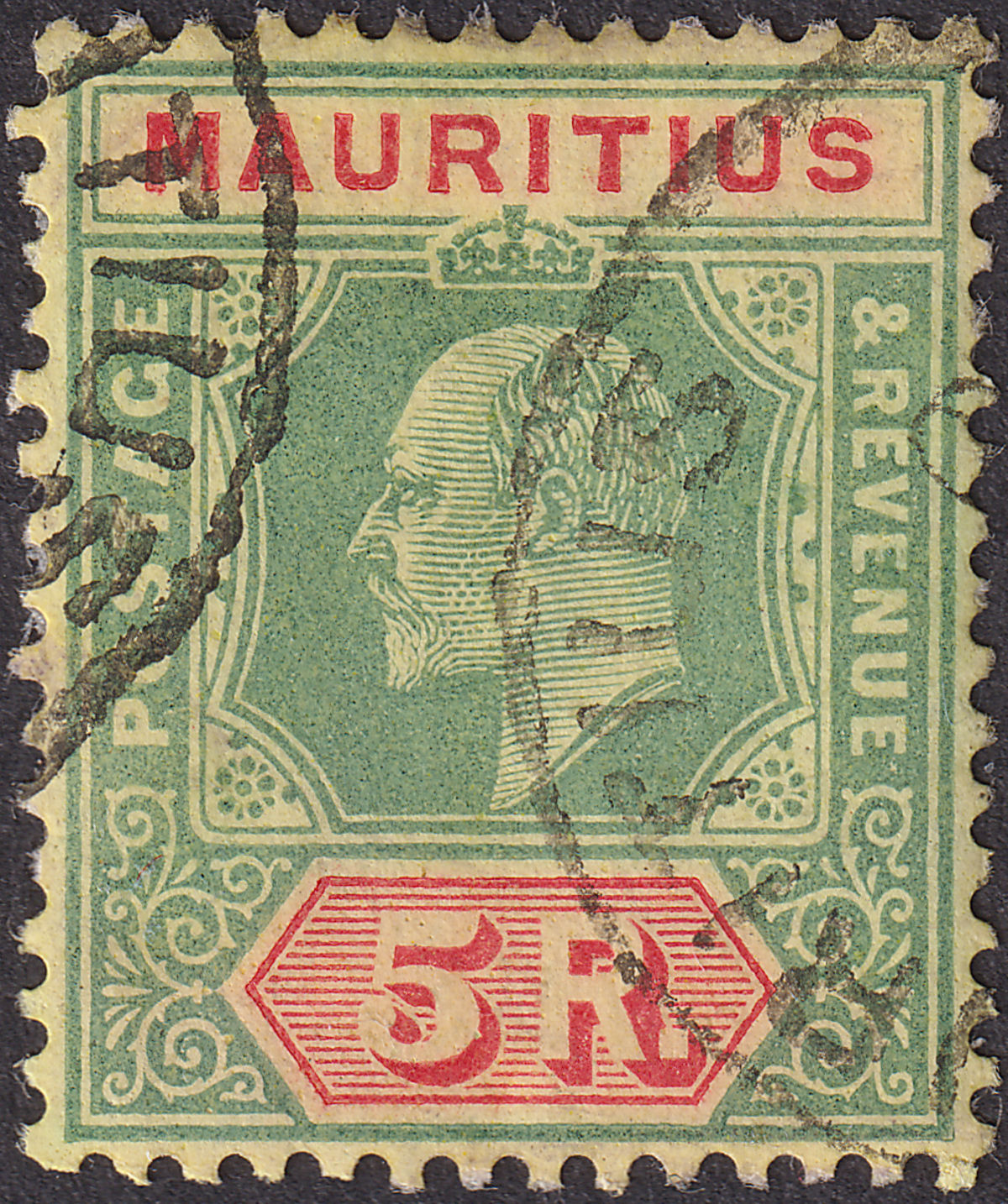 Mauritius 1910 KEVII 5r Green and Red on Yellow Used SG194 cat £110