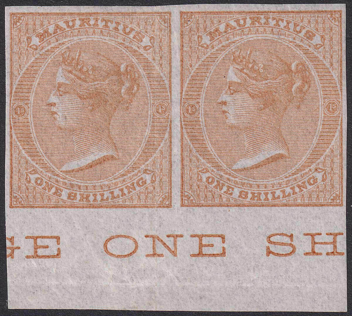 Mauritius 1862 QV 1sh Buff Imperforate Plate Proof Pair SG52P on ungummed paper