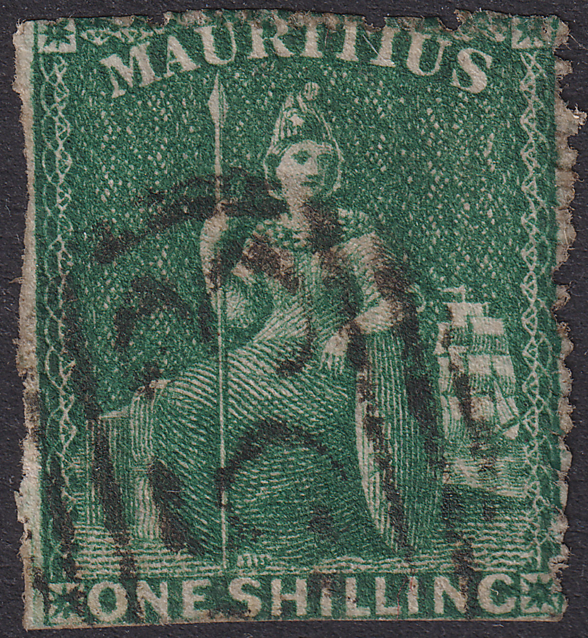 Mauritius 1862 QV Britannia 1sh Deep Green Perforate Used SG55 cat £475 FAULTY
