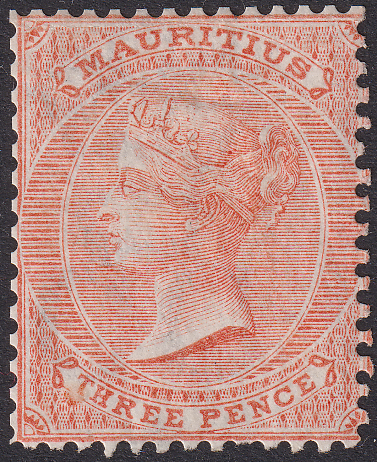 Mauritius 1863 QV 3d Dull Red Mint SG61a cat £100 thin and reperforated