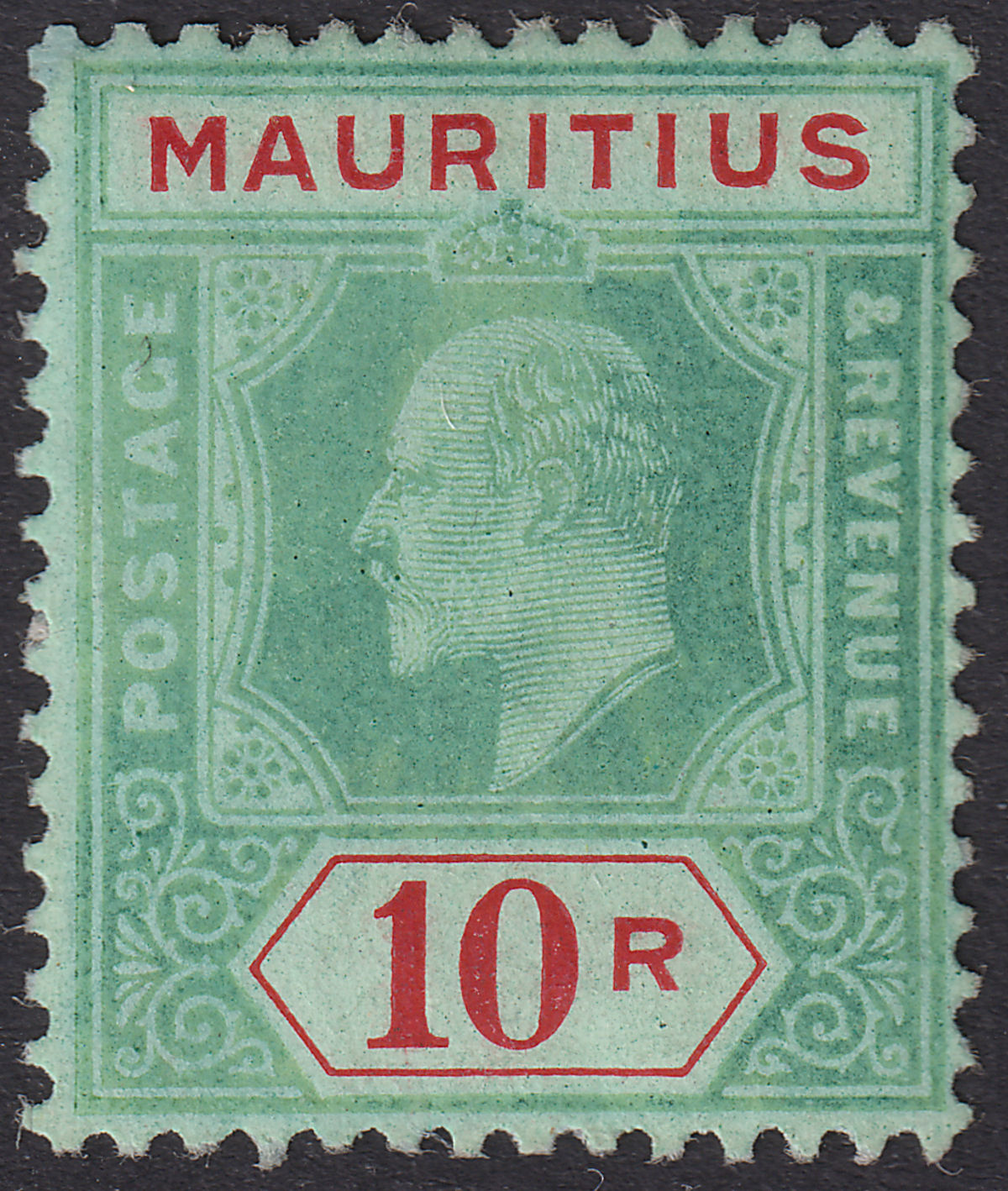 Mauritius 1910 KEVII 10r Green and Red on Green Mint SG195 cat £200 w colour run