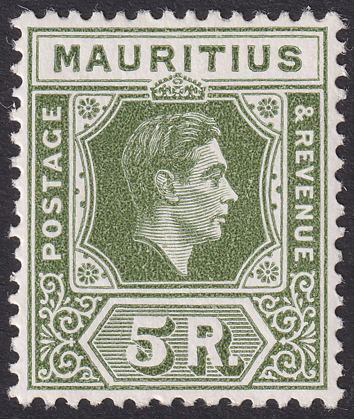 Mauritius 1945 KGVI 5r Sage-Green Ordinary Paper Mint SG262a