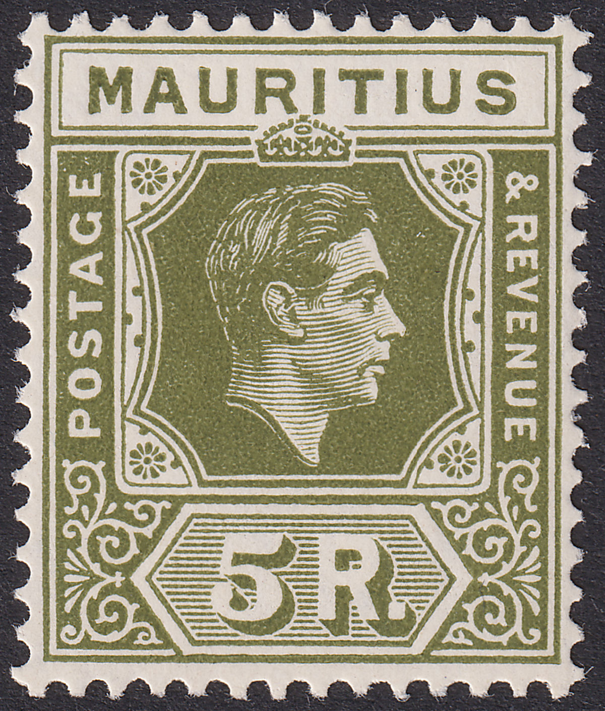 Mauritius 1948 KGVI 5r Deep Olive Chalky Paper Mint SG262 CW11b