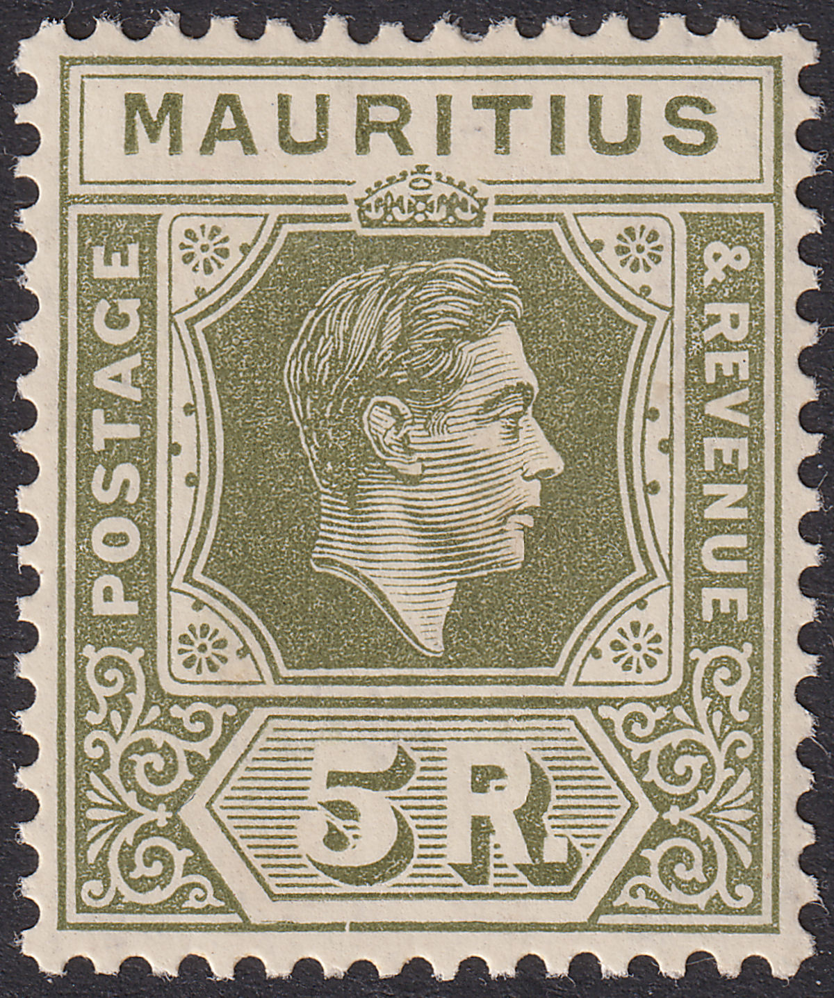 Mauritius 1938 KGVI 5r Olive-Green Variety Break in Bottom Frame Mint SG262 var