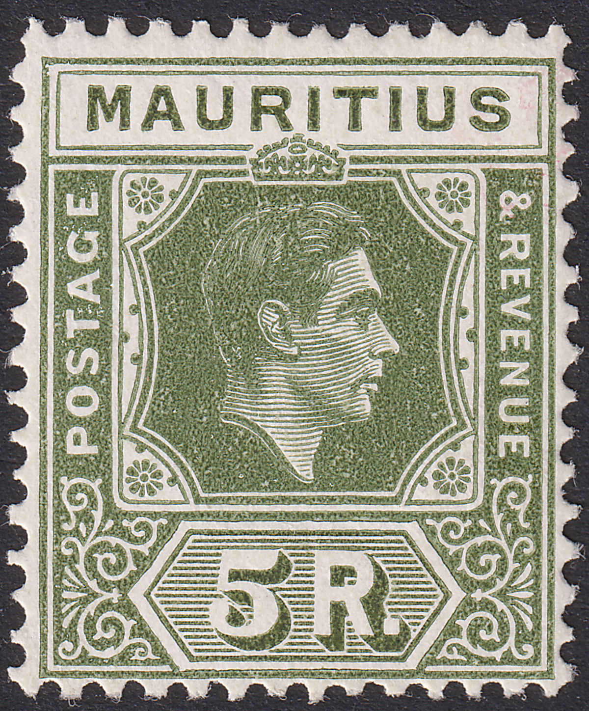Mauritius 1943 KGVI 5r Olive-Green Ordinary Paper Mint SG262a