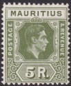 Mauritius 1943 KGVI 5r Olive-Green Ordinary Paper Mint SG262a