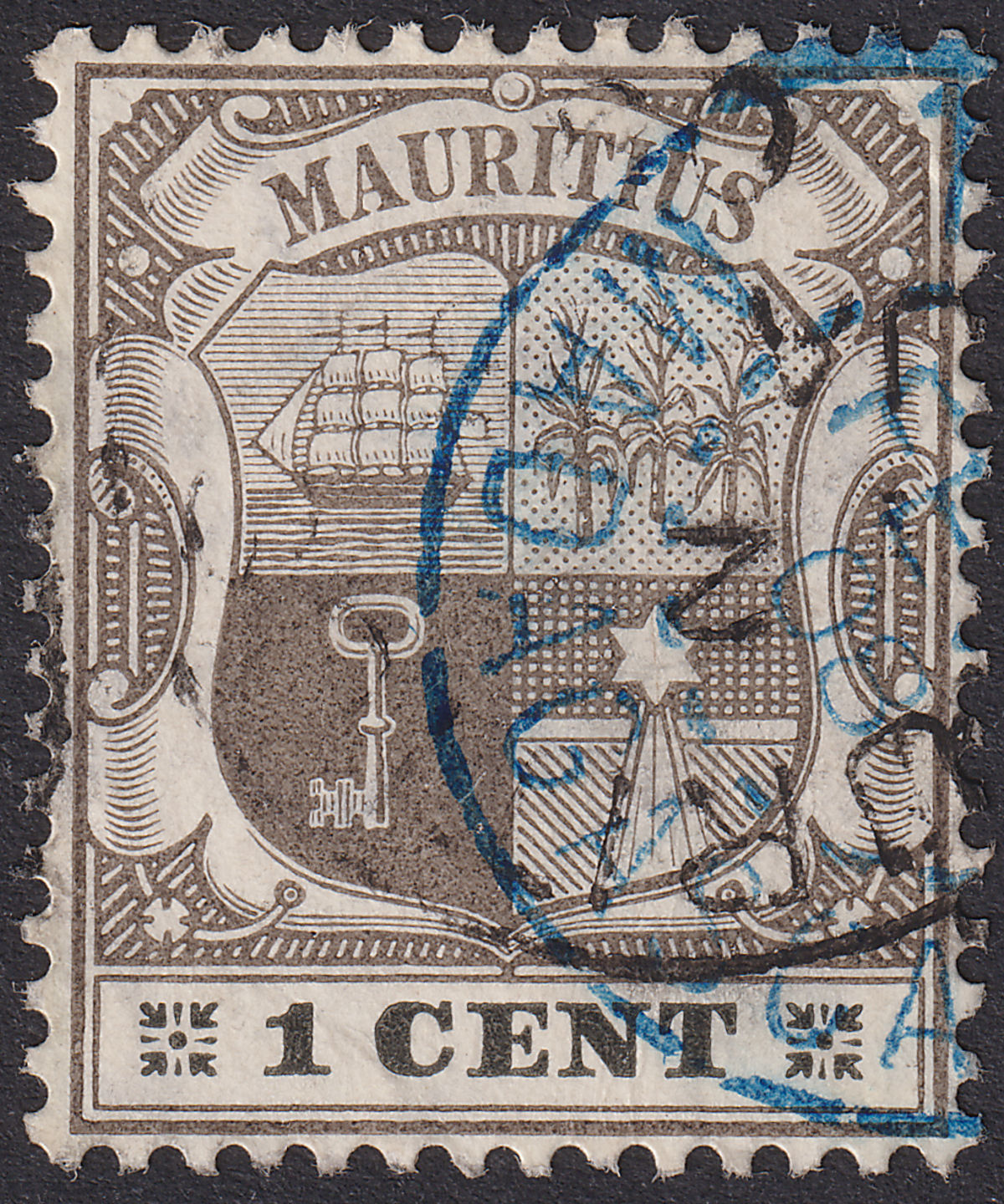 Mauritius 1908 KEVII 1c Grey + Black Used w Blue Madagascar Transit Mark