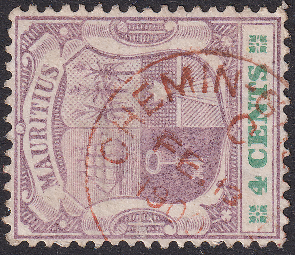 Mauritius 1900 QV 4c Dull Purple + Emerald Used w Red CHEMIN GRENIER Postmark