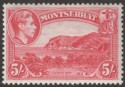 Click for more photos and details Montserrat 1938 KGVI 5sh Rose-Carmine perf 13 Mint SG110