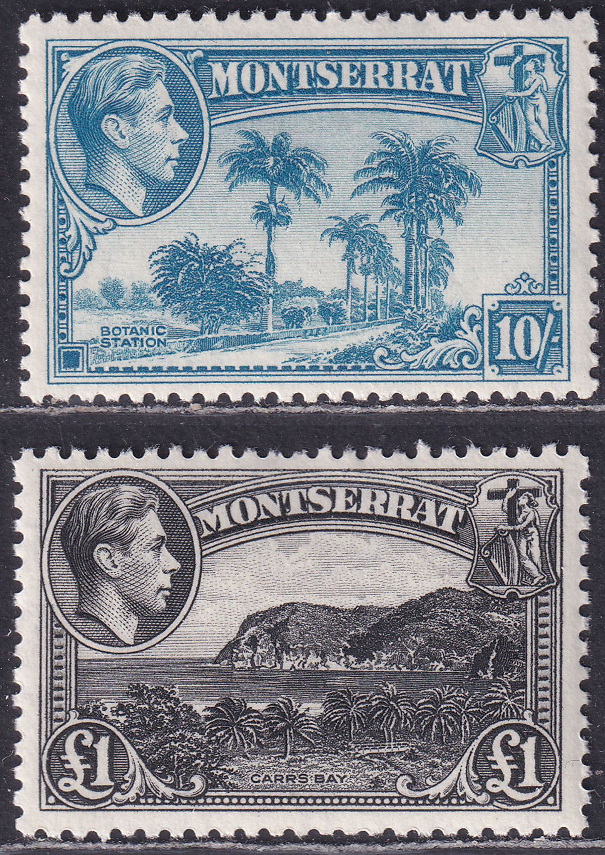 Montserrat 1948 KGVI 10sh Pale Blue, £1 Black Mint SG111-112 cat £63