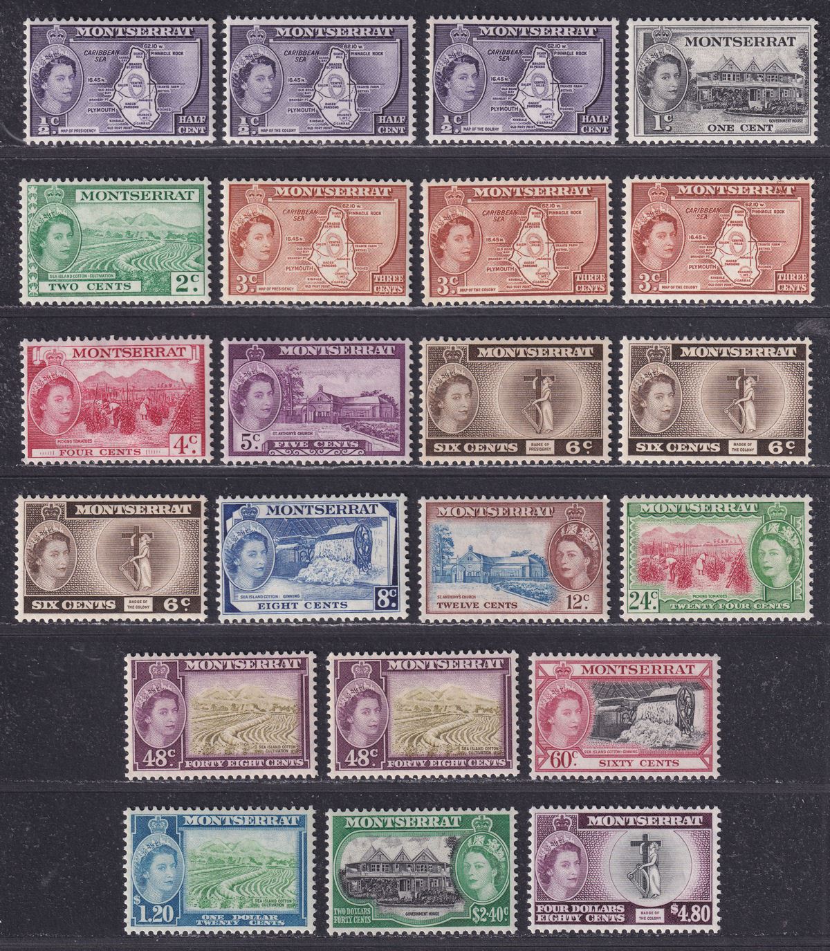 Montserrat 1953 QEII Set w Varieties Mint SG136a-149a cat £80++ gum faults