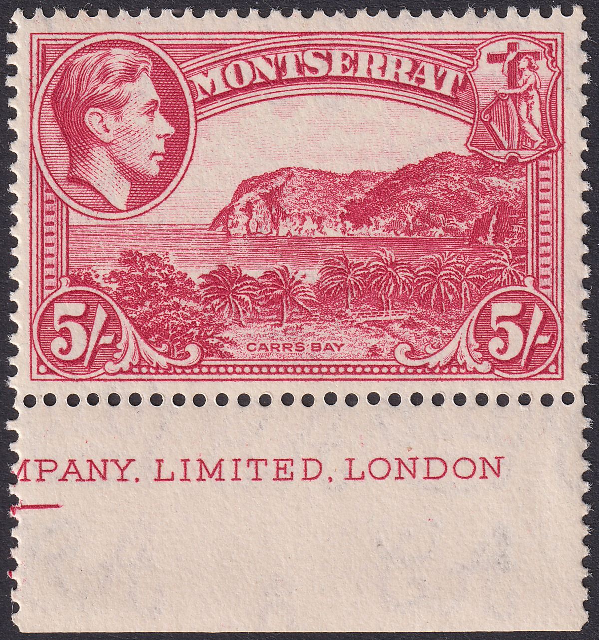 Montserrat 1942 KGVI 5sh Rose-Carmine p14 Part Imprint UM Mint SG110a cat £30