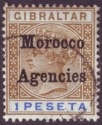 Click for more photos and details Morocco Agencies 1899 QV Overprint on Gibraltar 1p Bistre and Ultra Used SG15