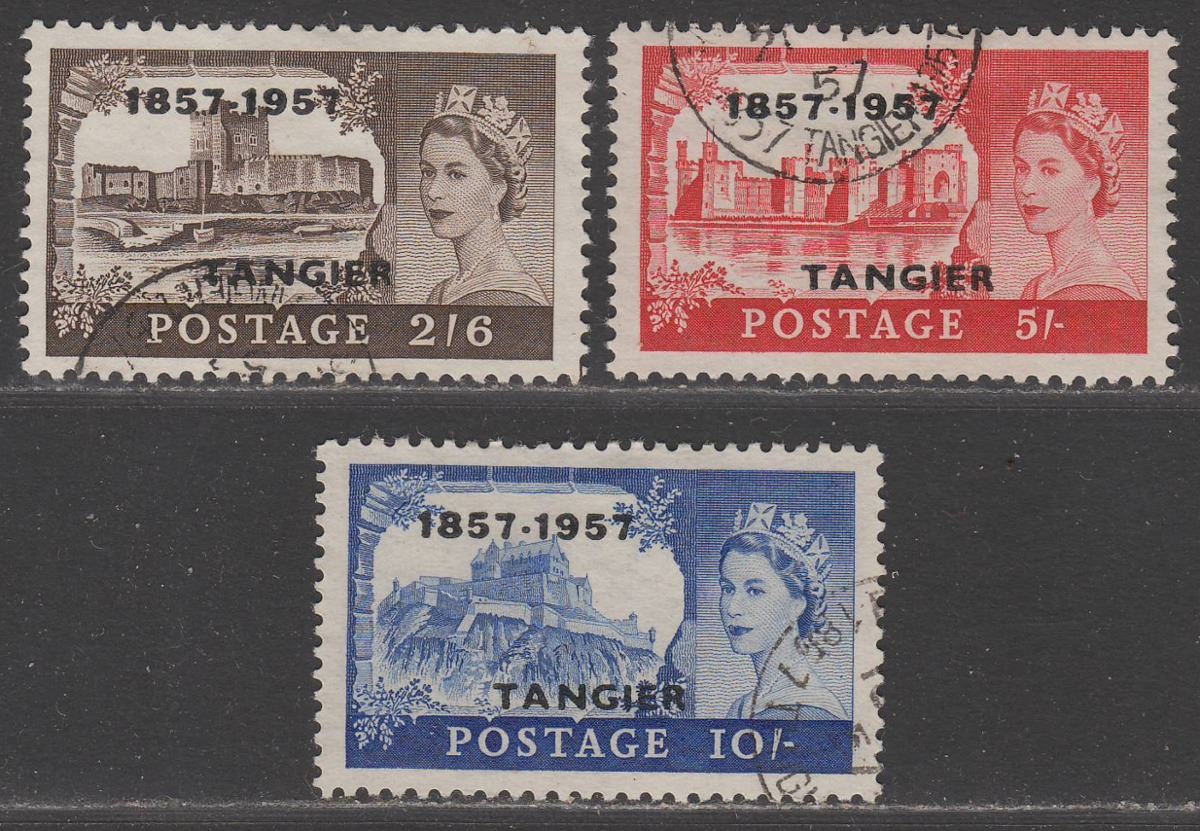 Morocco Agencies Tangier 1957 QEII PO Centenary Overprint 2sh6d, 5sh, 10sh Used