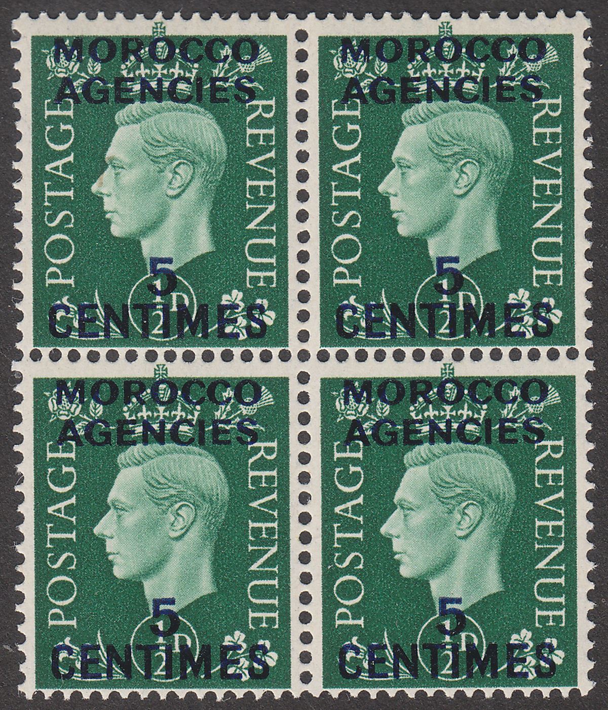 Morocco Agencies 1937 KGVI French 5c on ½d Surch Block of 4 Mint SG230 cat £20