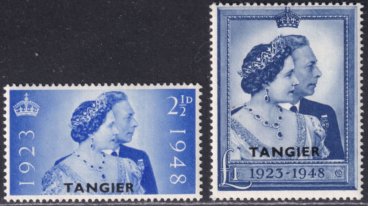 Morocco Agencies 1948 KGVI Tangier Silver Wedding 2½d, £1 Opt Mint SG255-256 RSW