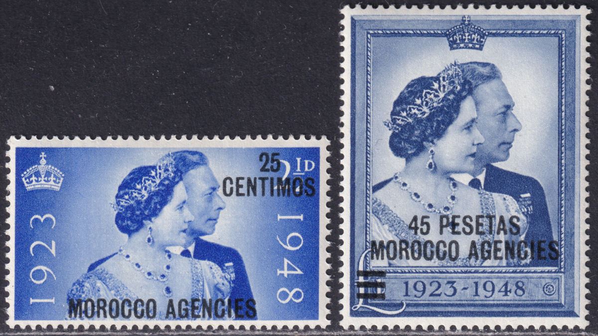 Morocco Agencies 1948 KGVI Silver Wedding 25c, 45p Surch Mint SG176-177 cat £18