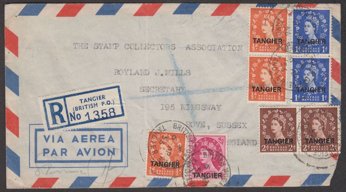 Morocco Agencies Tangier 1956 QEII Overprints Used on Regd Airmail Cover to UK