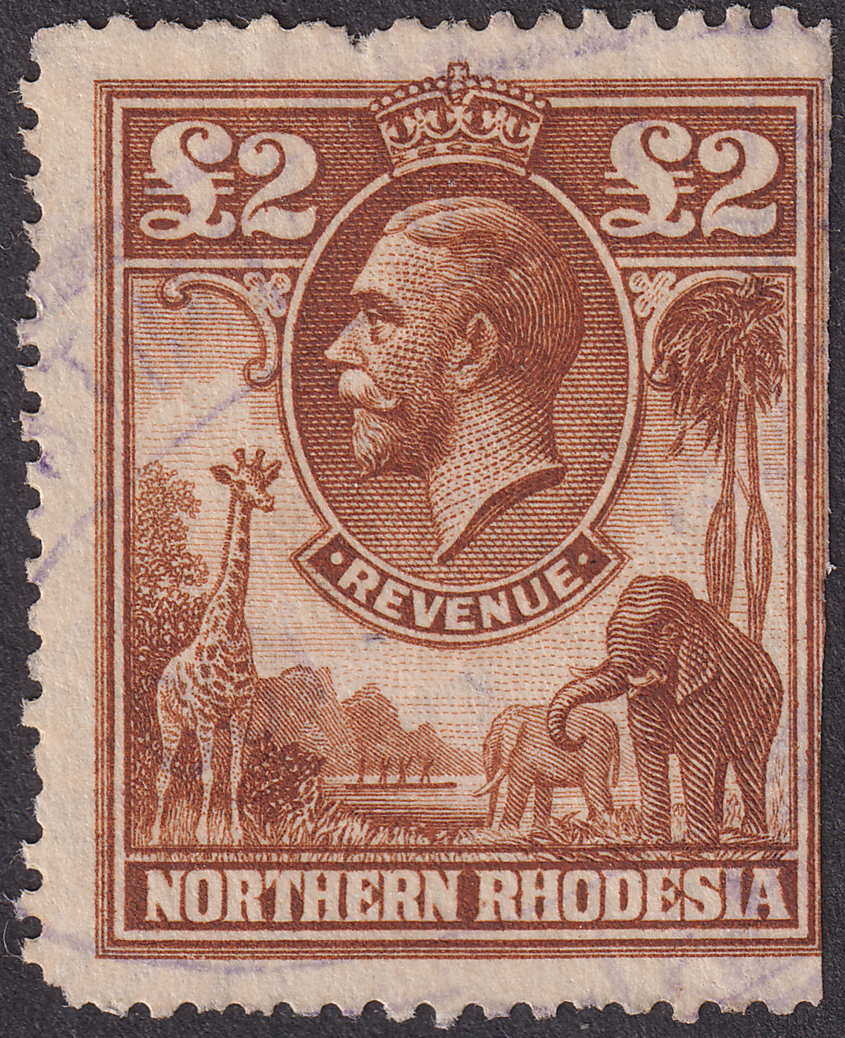 Northern Rhodesia 1925 KGV Revenue £2 Brown Used BF1 - FAULTY