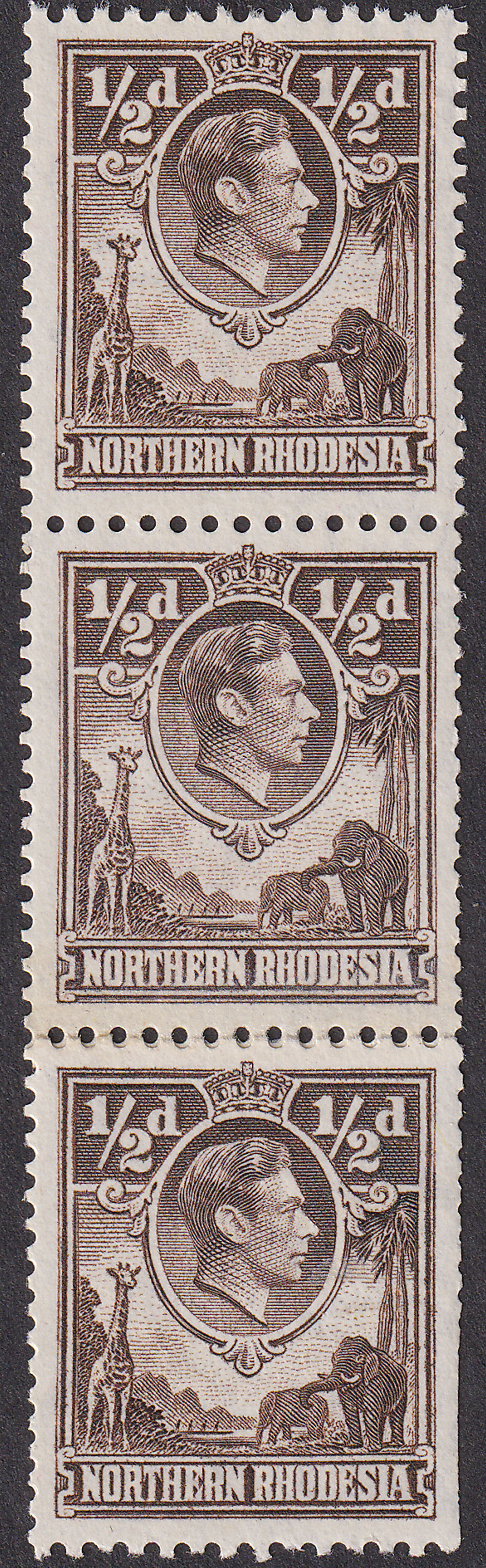 Northern Rhodesia 1952 KGVI ½d Chocolate perf 12½x14 Coil Join Strip Mint SG26a