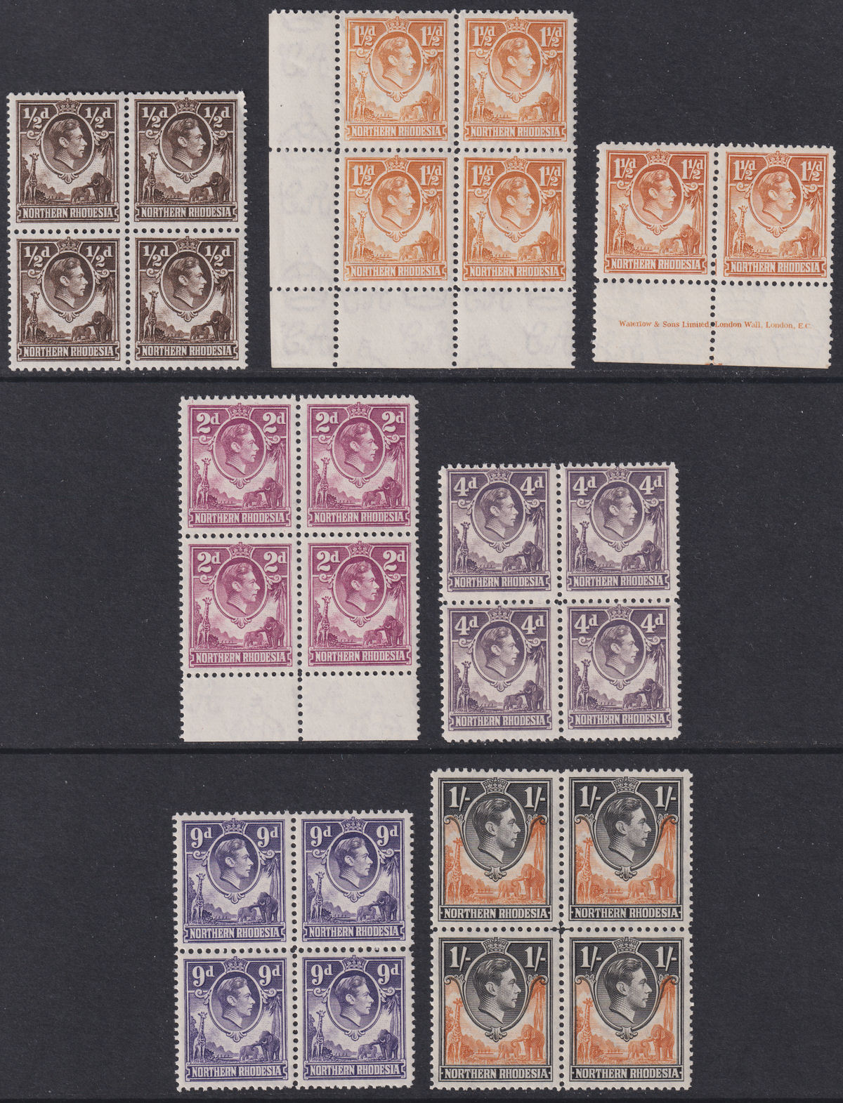 Northern Rhodesia 1938-52 King George VI Part Block Set to 1sh Mint