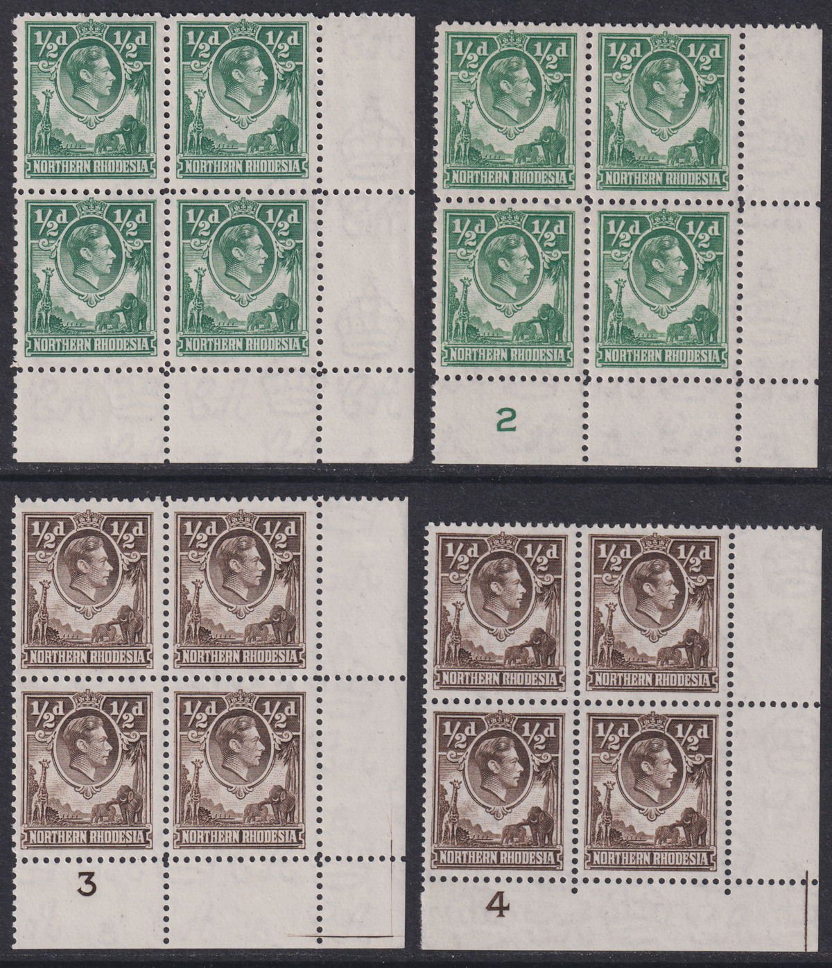 Northern Rhodesia 1938-52 KGVI ½d Blocks inc Plate Number Mint SG25-26a