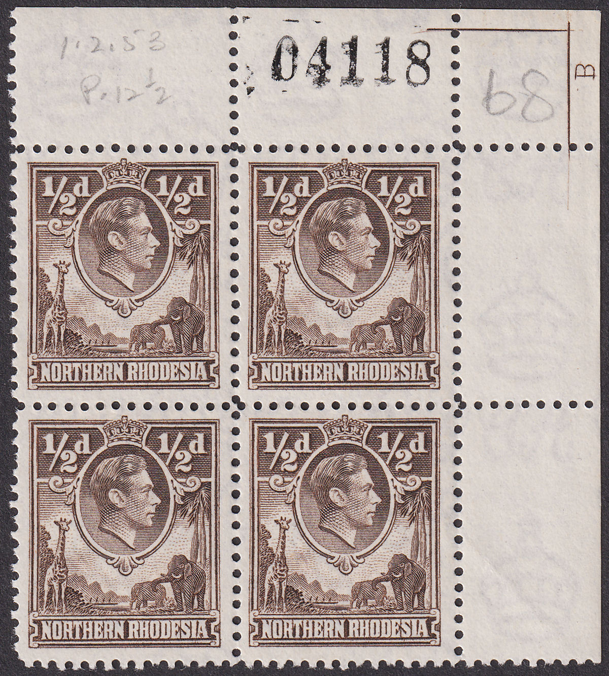 Northern Rhodesia 1951 KGVI ½d Chocolate Plate B Block of 4 w Sheet No Mint SG26
