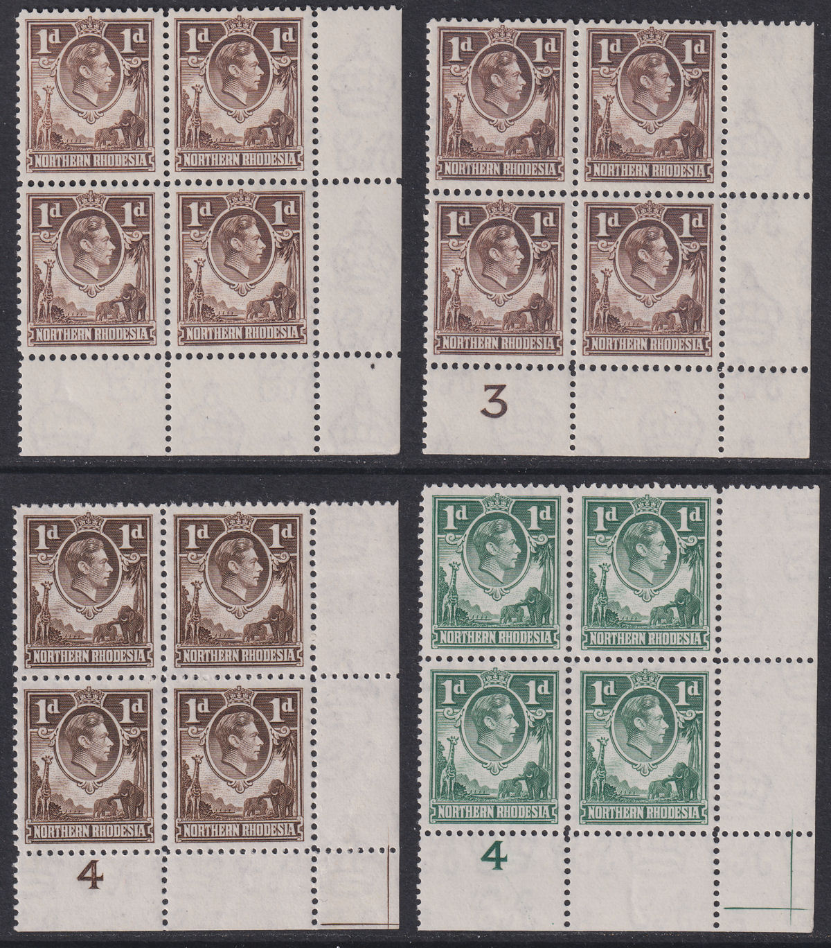 Northern Rhodesia 1938-51 KGVI 1d Blocks inc Plate Number Mint SG27-28