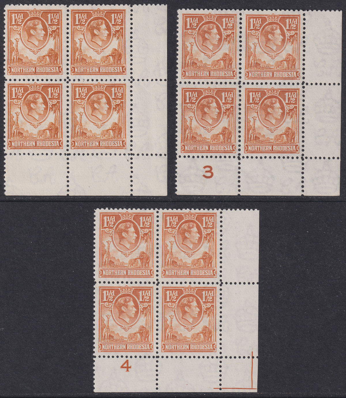 Northern Rhodesia 1941 KGVI 1½d Blocks inc Plate Number Mint SG30