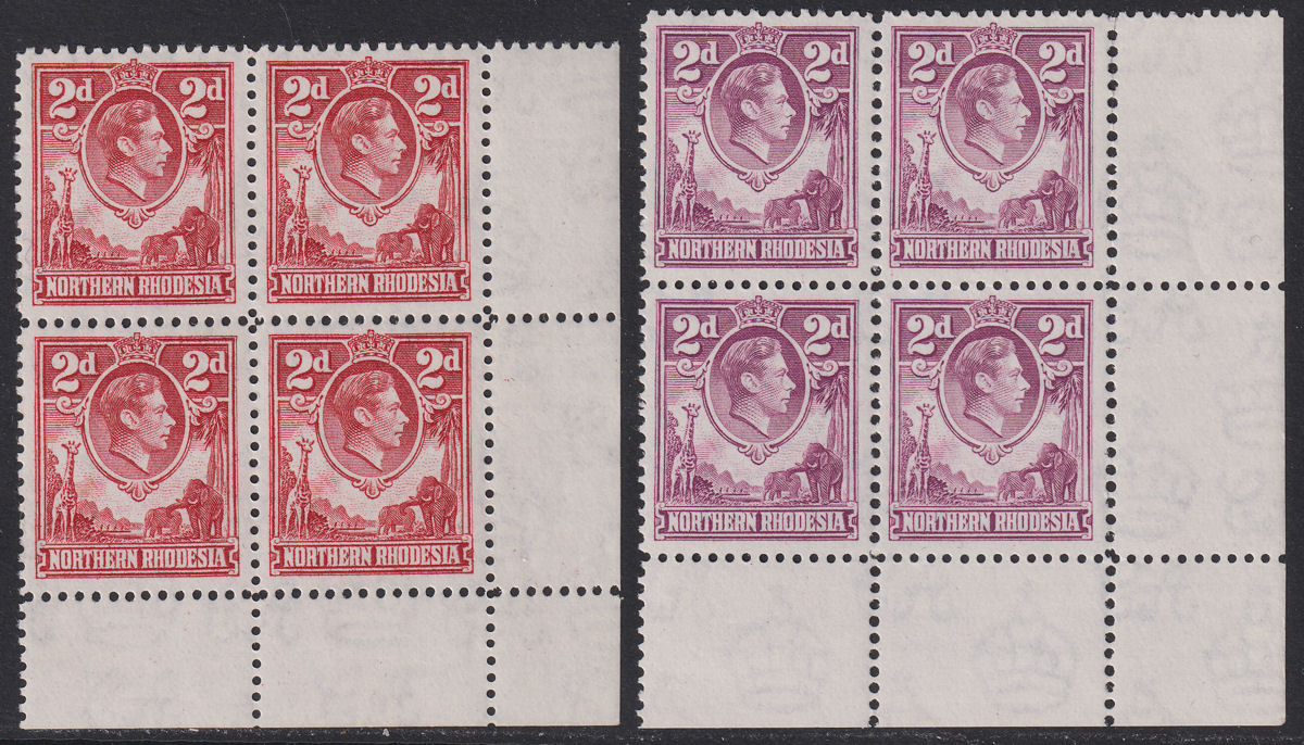 Northern Rhodesia 1941-51 KGVI 2d Carmine-Red, 2d Purple Blocks Mint SG32-33