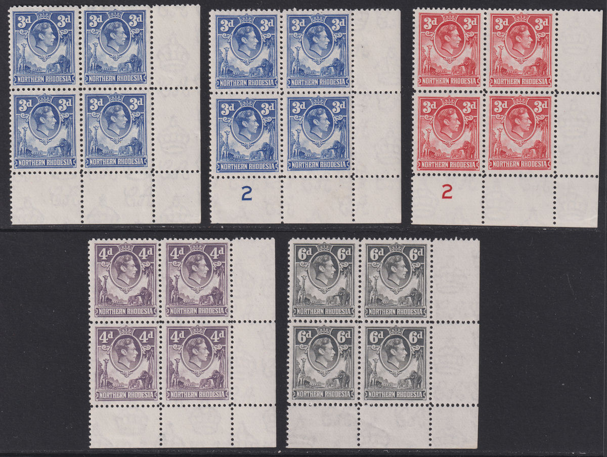 Northern Rhodesia 1938-51 KGVI 3d, 4d, 6d Blocks of 4 Mint SG34-36 SG38