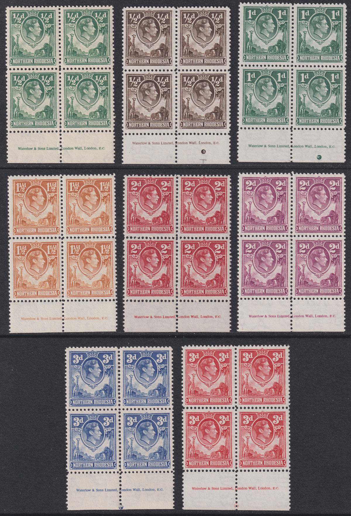 Northern Rhodesia 1938-52 KGVI Imprint Block Part Set to 3d Mint