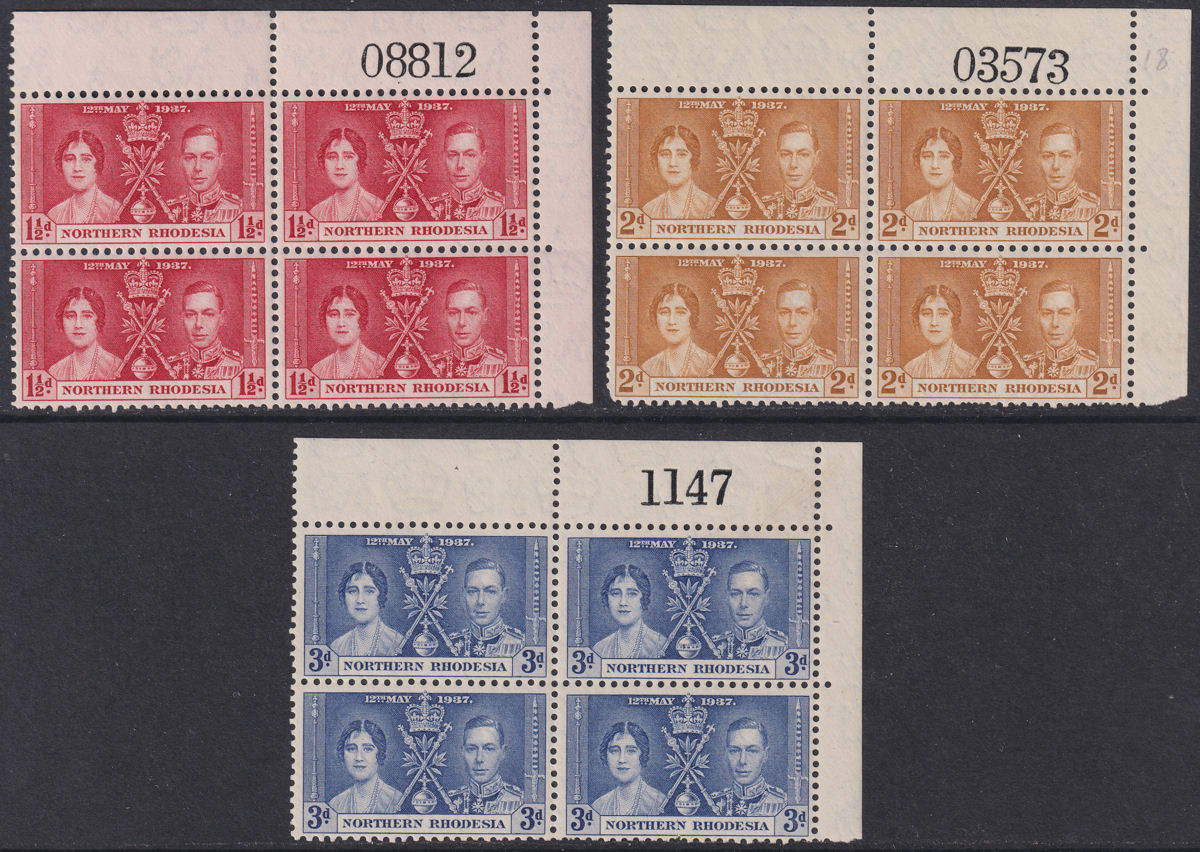 Northern Rhodesia 1937 KGVI Coronation Block Set w Sheet Numbers Mint SG22-24