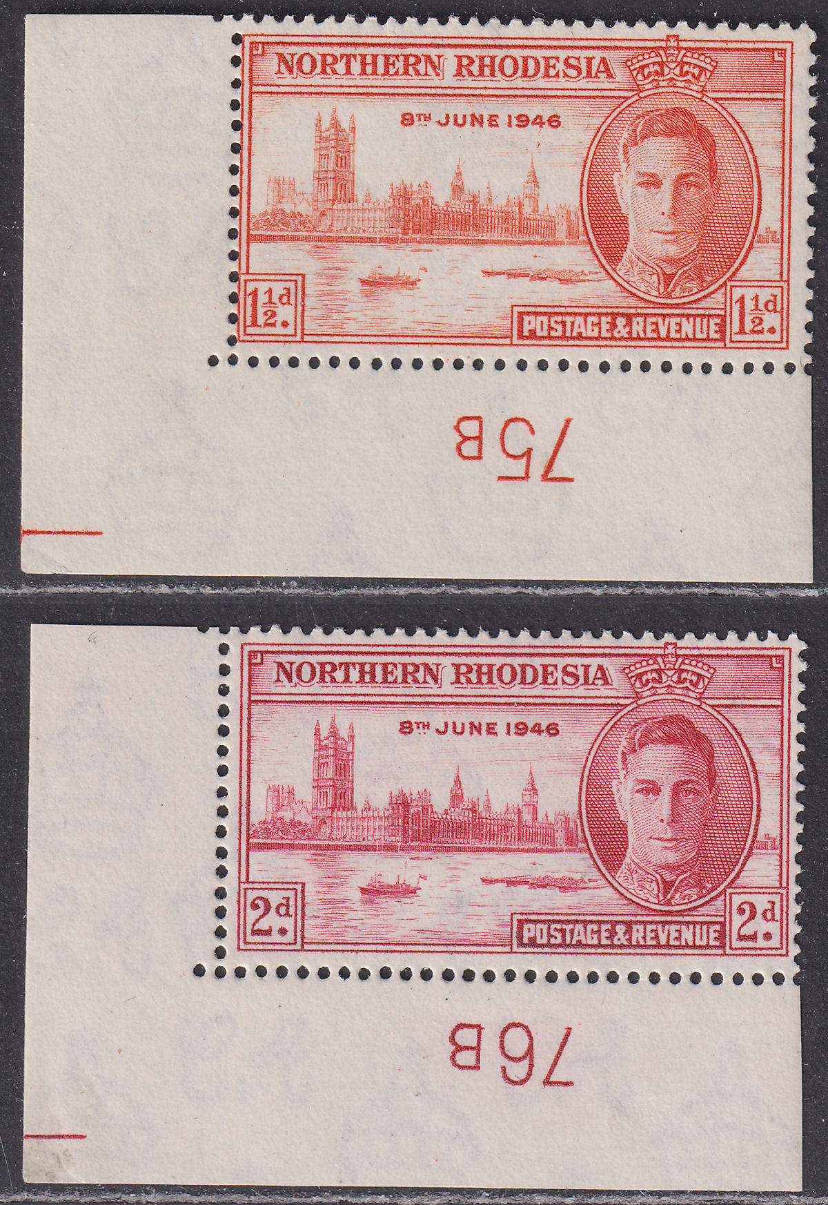 Northern Rhodesia 1946 KGVI Victory 1½d p13½, 2d with Sheet No Mint SG46a-47