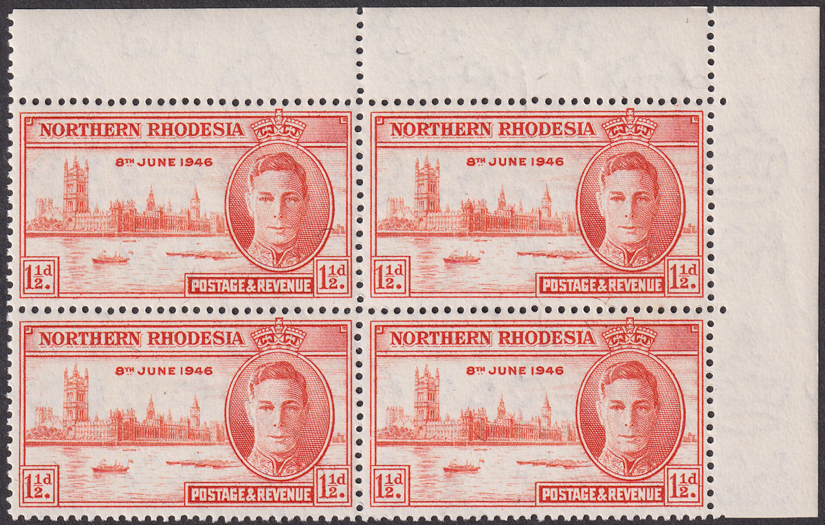 Northern Rhodesia 1946 KGVI Victory 1½d p13½ Block of 4 Mint SG46a cat £48