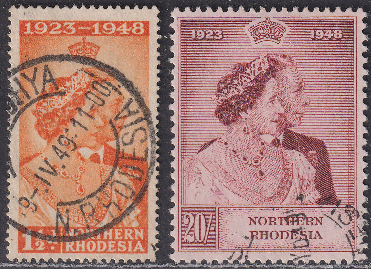 Northern Rhodesia 1948 KGVI Royal Silver Wedding 1½d, 20sh Used SG48-49 cat £110